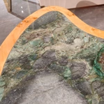 Contoured Amber Burl Wood Side Table with Green Stone Top and Two Drawers